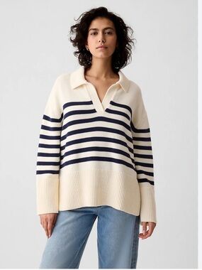 GAP 24/7 Split Hem Polo Cream and Navy Striped Collared V-Neck Cotton Sweater